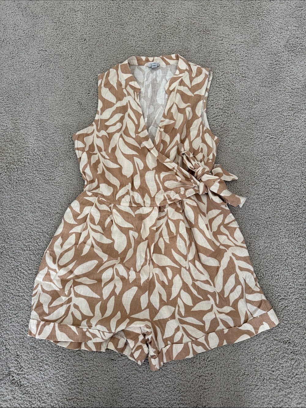 a new day Tan and Cream Leaf-Print Wrap Romper